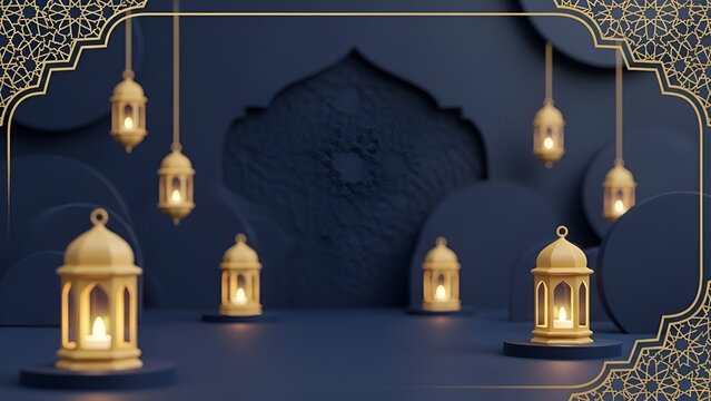 Elegant Ramadan lanterns illuminate a dark blue Islamic archway