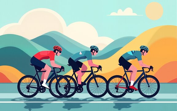 Colorful flat illustration of cycling sport event, bicycle race. Generative AI. High quality - Powered by Adobe