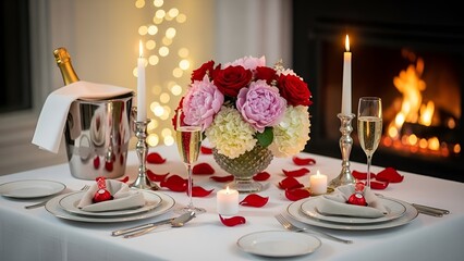 Valentines Day,Romantic Candlelit Dinner with Roses and Chocolates
