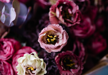 Close up image of pink lisianthus flowers, background texture 