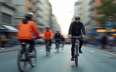 People cycling in City. Commuting, healthy life style, eco friendly transport. Multiple exposure, motion blur image. High quality
