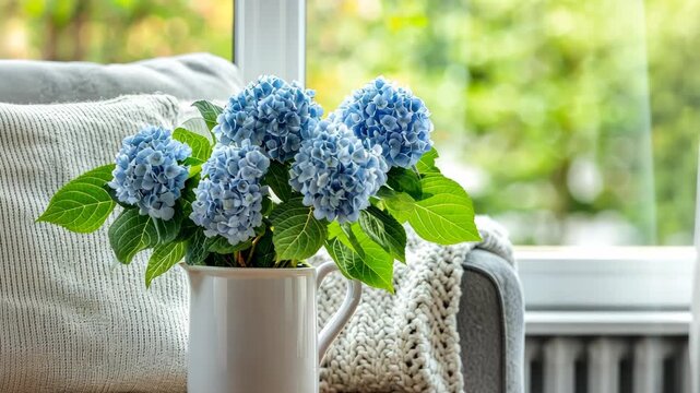 Bright blue hydrangeas fill a white vase, creating a cheerful atmosphere in a cozy living area near a sunny window
