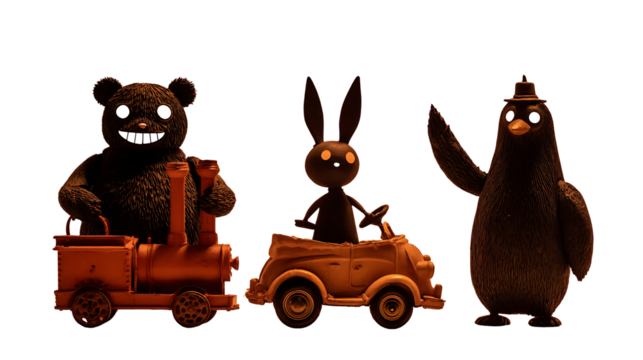 Three whimsical toy animals isolated on transparent background, ready for playtime