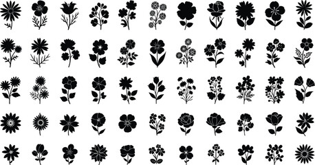 Floral silhouette icons, botanical vector set, flower shapes, petal designs, leaf forms, black illustrations, nature symbols, decorative elements