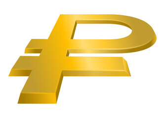 A gold Russian ruble currency symbol. Currency and symbol concepts, isolated on transparent, slightly elevated angle perspective, 3D.
