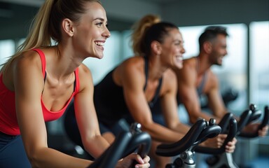 Group of people joyfully participating in cycling workout at gym. High quality