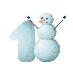 Drawn snowy bold sign, winter number in kids style. Snowman and number 1