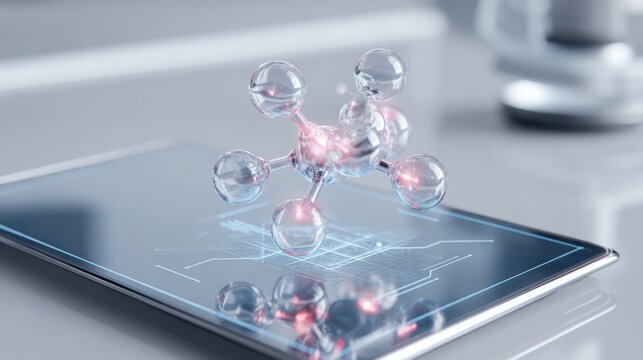 Futuristic transparent molecular cluster floating above a digital tablet, neon accents, clean laboratory setting, smooth gradients, premium tech
