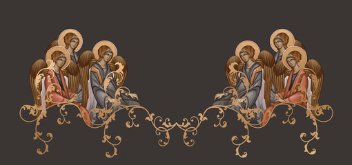 Obraz premium Vintage border with angels. Byzantine golden design
