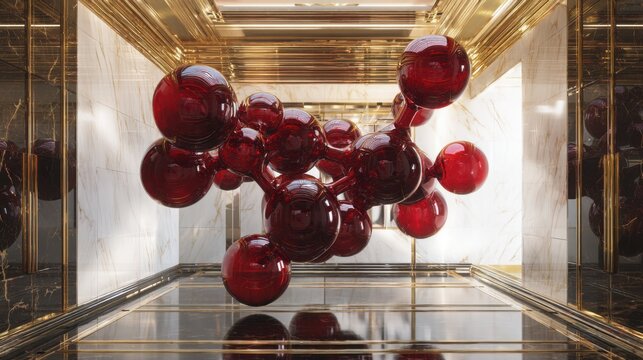 Glossy red glass molecular structure suspended mid air in a luxury high tech room, marble textures, golden edges, elegant reflections, premium
