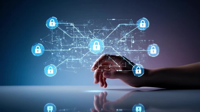 Hand Touching Network of Glowing Padlocks on Blue Gradient Background Digital Security Concept, Data Protection, Cybersecurity and Privacy Illustration