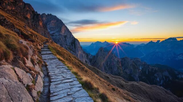 Scenic mountain trail illuminated by the golden light of a vibrant sunrise. A stone path winds along a steep slope showing the changing colors of dawn over the alpine peaks
