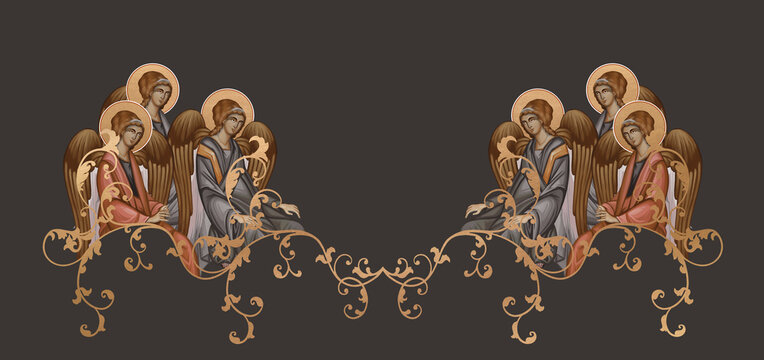Vintage border with angels. Byzantine golden design