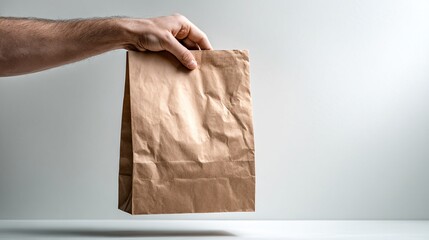 Hand Holding Brown Paper Bag on Neutral Background