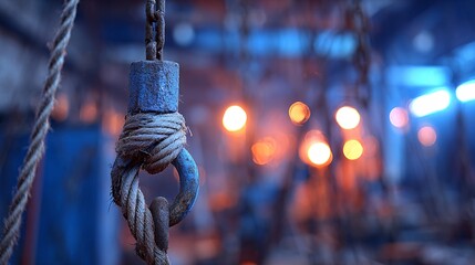 Industrial Hook and Rope with Warm Light Bokeh in Workshop