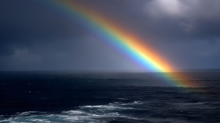 Rainbow reflecting over a dark stormy ocean