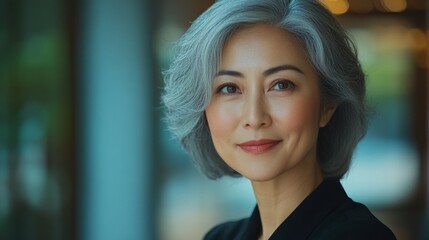 The portrait of a confident woman with silver hair and a gentle smile emphasises themes of maturity, wisdom and professionalism — the perfect atmospheric backdrop for motivational articles, business 