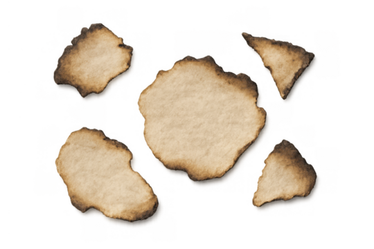 Burnt paper fragments with scorched edges, old aged distressed texture on transparent background