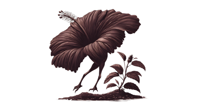 Whimsical hibiscus flower creature walking on the ground isolated on transparent background
