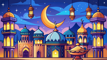 Illustration of a mosque at night with a crescent moon and hanging lanterns in the sky above it