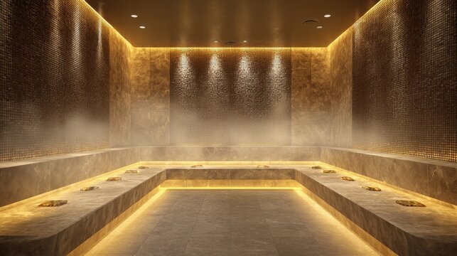 Luxury steam spa room with soft golden lighting, gentle warm mist filling the air, polished stone benches, glowing salt wall accents, premium