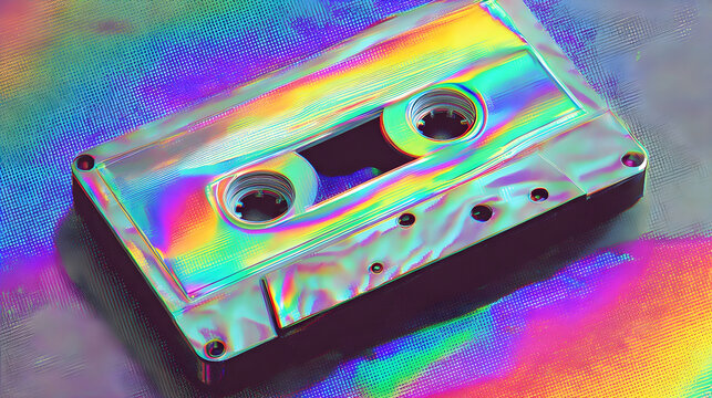 Holographic cassette tape displaying vibrant iridescent colors