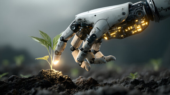 Robot hand nurturing glowing plant sprout in soil - Powered by Adobe