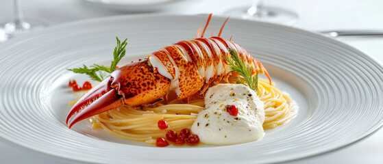 A vibrant dish featuring lobster and pasta, garnished with sauce and herbs, serves as an appetising backdrop for culinary articles or premium restaurant menus.