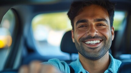 The smiling man in the car radiates positivity and confidence, making him an excellent backdrop for advertising cars or car-sharing services.