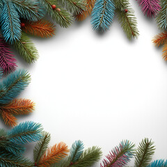 Colorful Christmas Pine Branch Frame on White Background with Copy Space