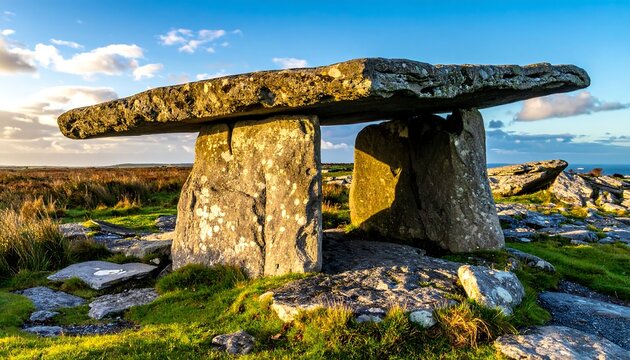 Ancient dolmen stands on a grassy hillside, bathed in warm sunlight under a partly cloudy, blue sky, overlooking landscape