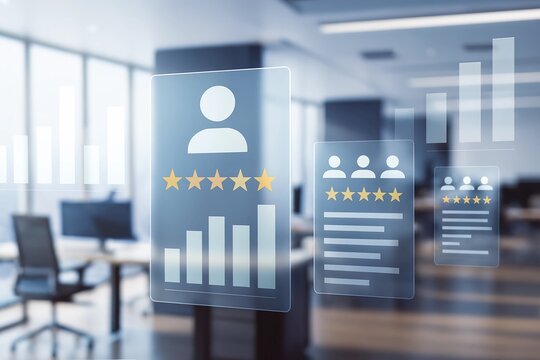 Customer feedback analysis with rating stars in a modern office setting view