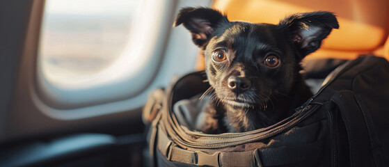 The dog in the backpack by the aeroplane window conveys the joy of travel and loyalty, creating a warm emotional backdrop for advertising tourism or family trips.