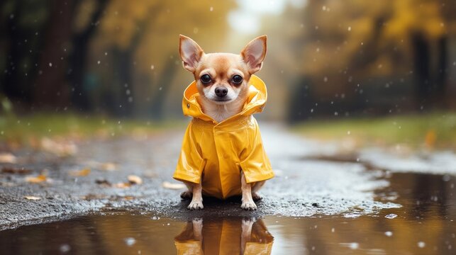 A puppy in a raincoat on a wet road symbolises caring for pets and climate challenges, making it a touching backdrop for social campaigns.