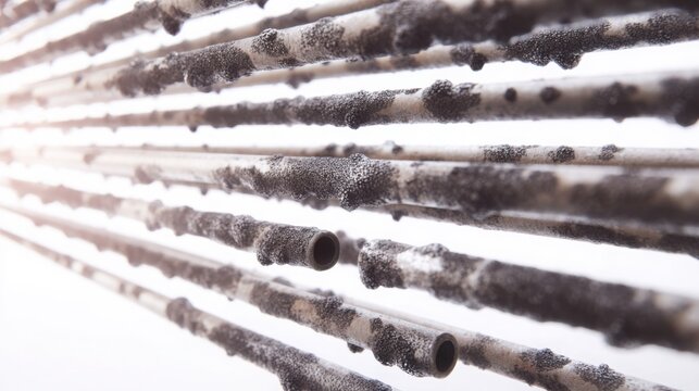 minimalist macro visualization of clogged radiator tubes filled with dark deposits, bright lighting, white background, high detail, cooling