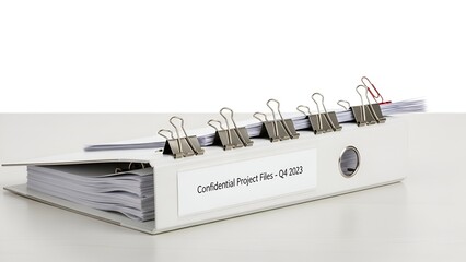 White binder overflowing with documents, secured by clips, labeled ?Confidential Project Files?