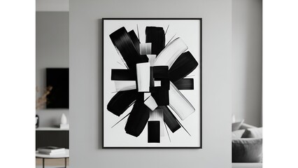 Black and white abstract painting with bold brushstrokes in a minimalist room setting