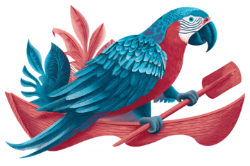 A vibrant macaw paddles a canoe through a sea of coral and foliage isolated on transparent background