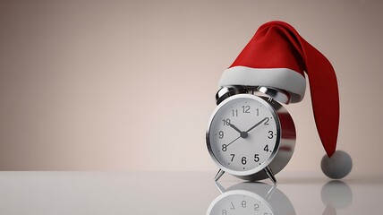 Silver alarm clock wearing christmas santa hat on festive background

