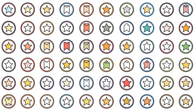 Array of outlined star & banner icons, each encircled, with varying muted pastel colors, set against a white background