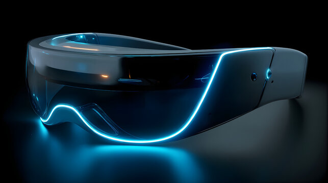 Virtual reality headset displaying blue neon lights in metaverse