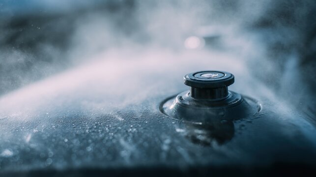 minimalistic automotive shot with gentle steam escaping near radiator cap in cold weather, bright diffused light, clean winter technical mood