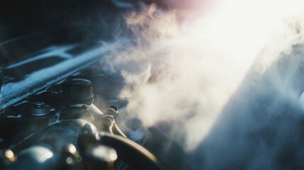 minimalistic bright scene showing light steam near engine components during winter, soft haze, sharp mechanical details, technical automotive mood