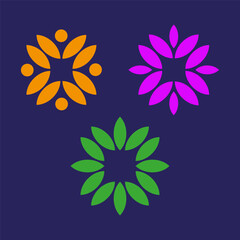 Colorful floral patterns. Four geometric shapes. Abstract flower designs. Vector dark background.