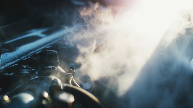 minimalistic bright scene showing light steam near engine components during winter, soft haze, sharp mechanical details, technical automotive mood