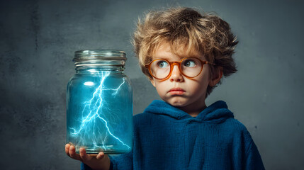 Curious boy holding jar capturing blue electricity