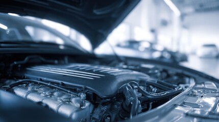 minimalistic bright shot of an engine bay during winter diagnostics, soft cool tones, clean layout, technical automotive inspection style