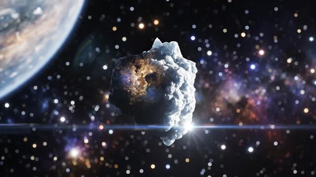 Cosmic asteroid in space against starry background cinematic composition