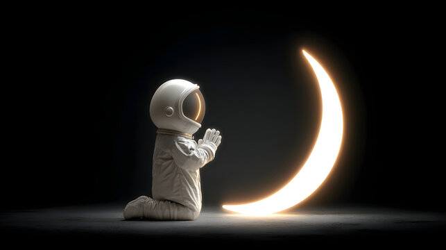 Astronaut kneeling praying to glowing crescent moon in space