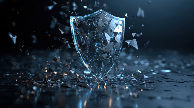 Glass shield shattering into fragments symbolising broken protection and cybersecurity failure